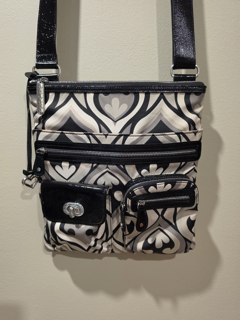 Brighton Geometric Damask Print Crossbody Bag Black Grey Patent Trim